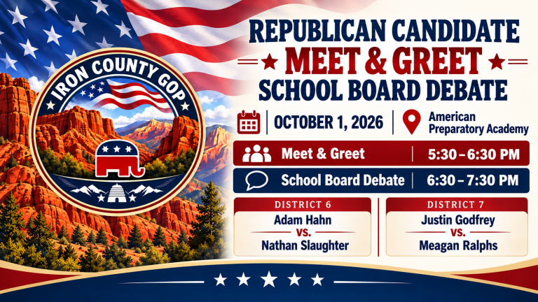 October 1, 2026: Republican candidate meet-and-greet 5:30–6:30 p.m. and school board debate 6:30–7:30 p.m. at American Preparatory Academy. District 6: Adam Hahn vs. Nathan Slaughter. District 7: Justin Godfrey vs. Meagan Ralphs.