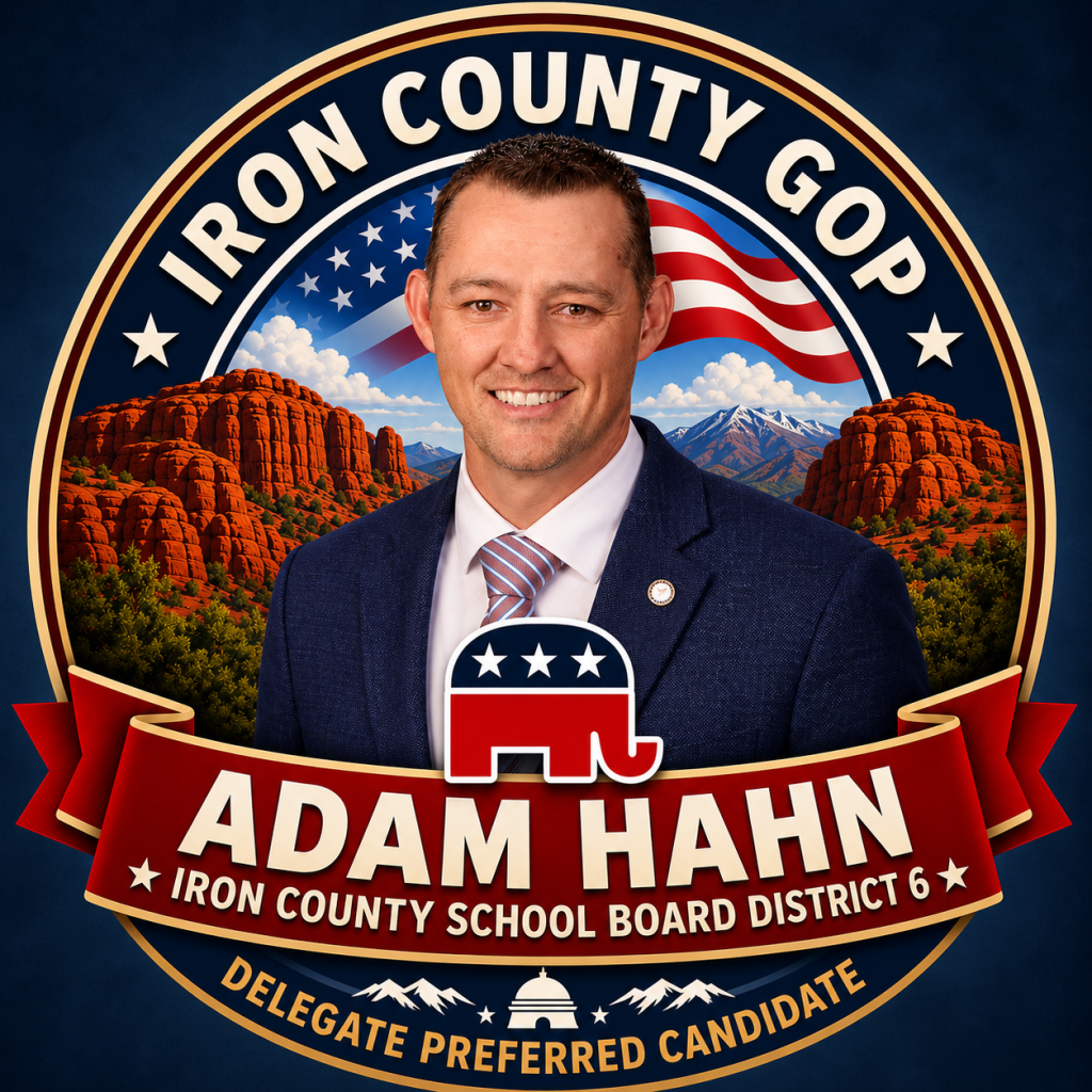 Supplied graphic identifying Adam Hahn as delegate preferred candidate for Iron County School Board District 6.