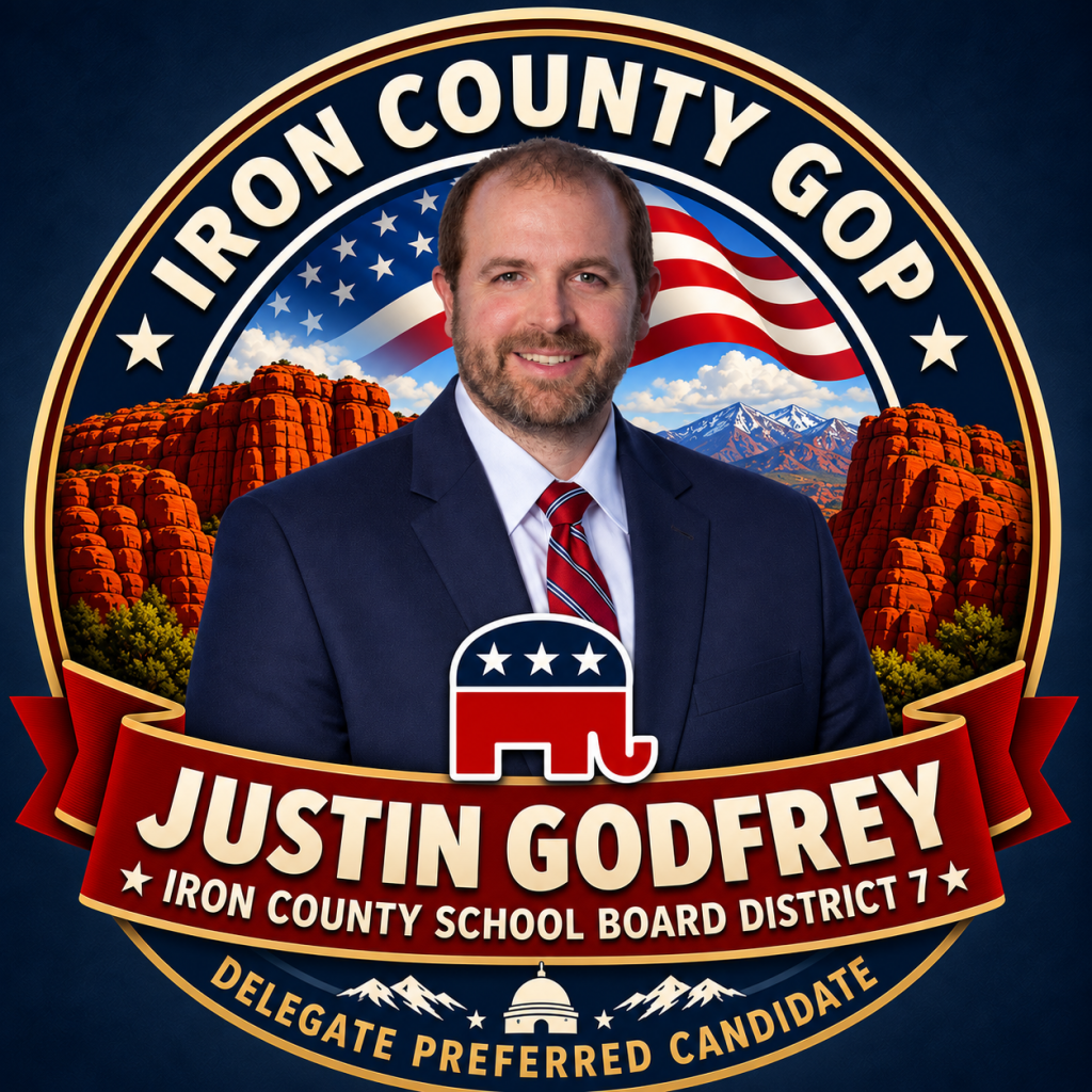 Supplied graphic identifying Justin Godfrey as delegate preferred candidate for Iron County School Board District 7.