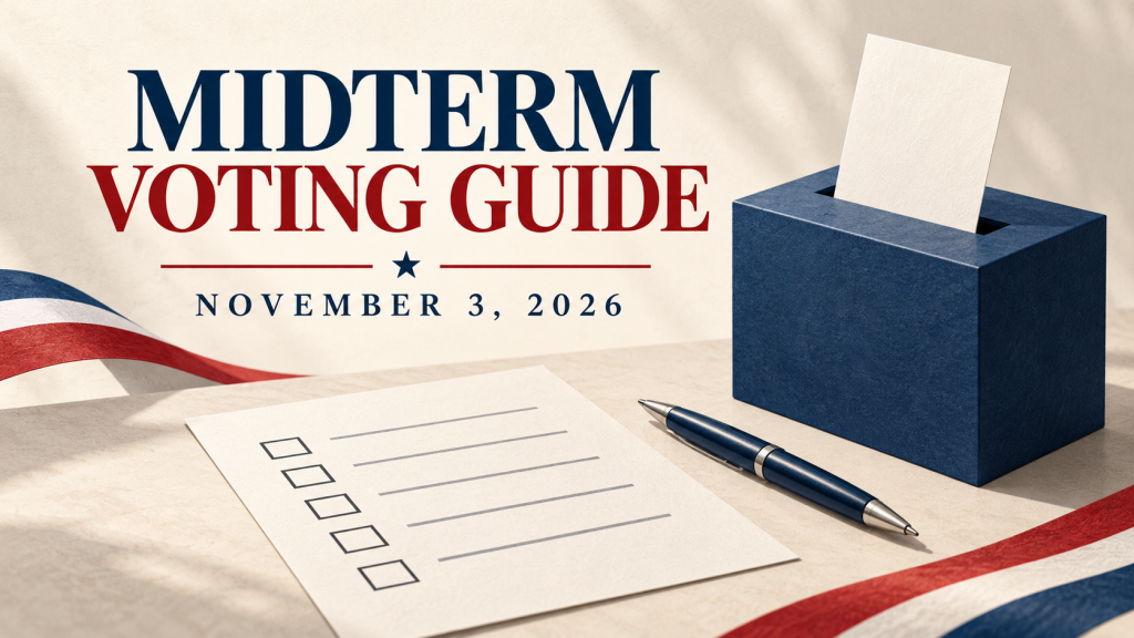 Midterm Voting Guide, November 3, 2026, with a ballot box, ballot and pen.