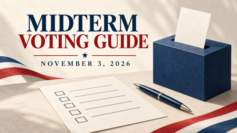 Midterm Voting Guide, November 3, 2026, with a ballot box, ballot and pen.